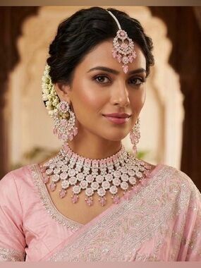 Elegant Pink Bridal Set with Necklace, Tikka, and Earrings